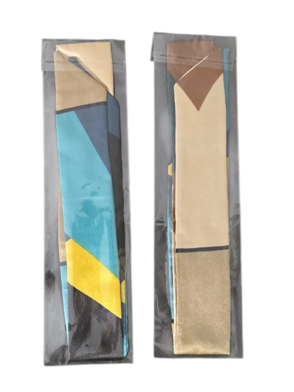 Geometric Print Twilly Scarf Teal Gold Black Skinny Purse Handle Wrap Hair Scarf